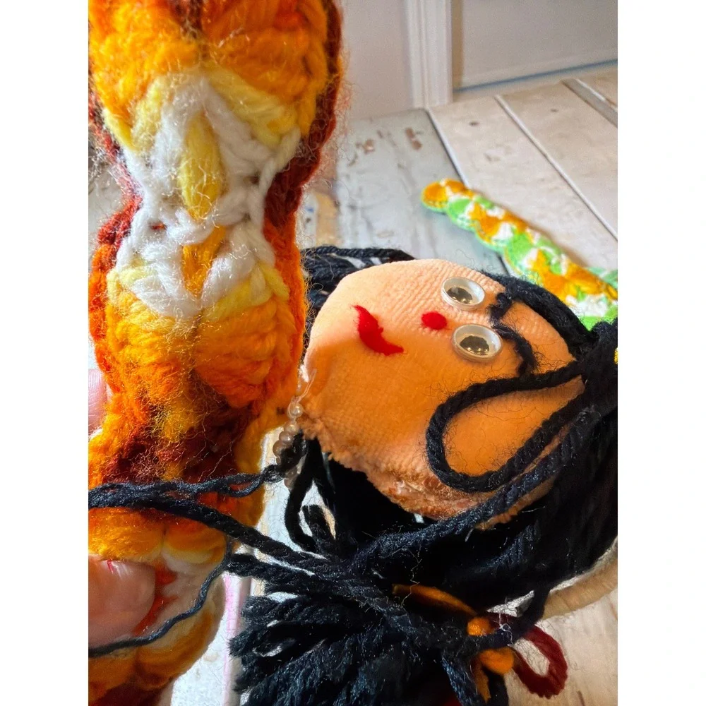 Vintage Lot of (4) Handmade Yarn Doll & Braided Folk Art Crochet Hanger Covers